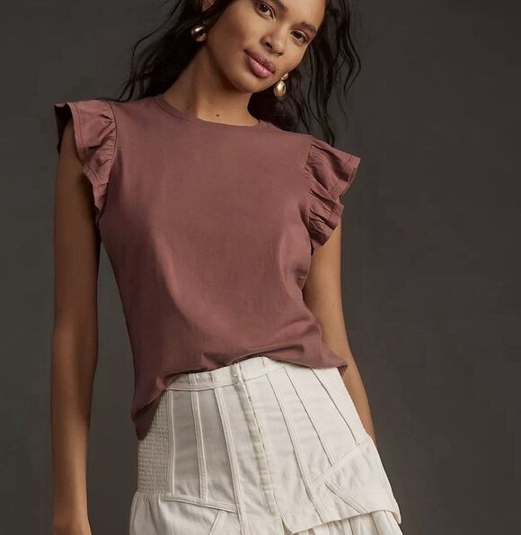 Paige Tops - Paige Women's Erissa Ruffle Sleeve Tee Sz Small Mocha Brown Cotton Casual Office